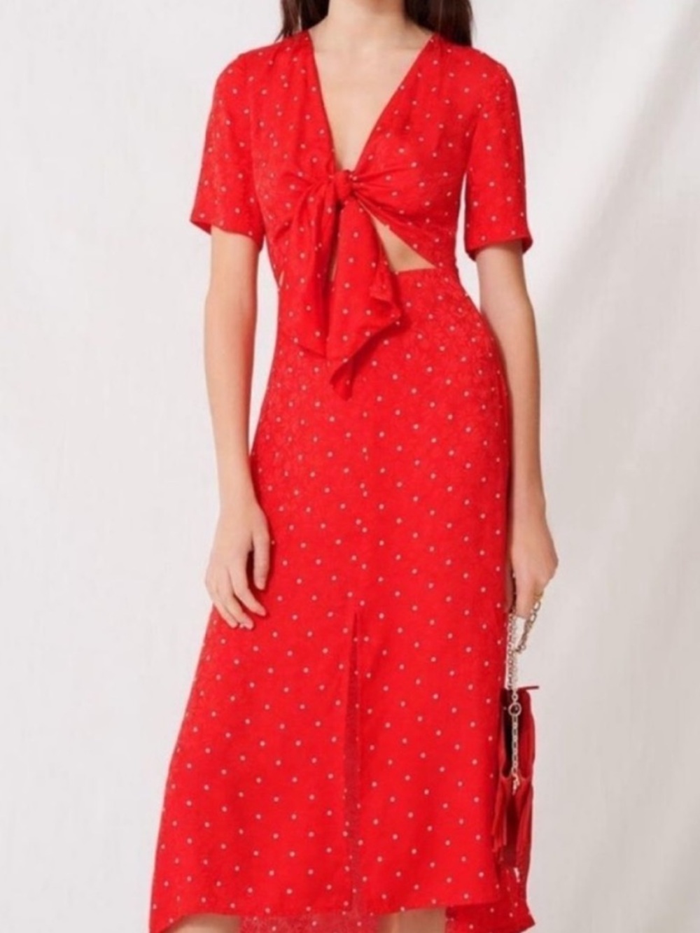 Maje Red Polka Dot Tie-Front Midi Dress